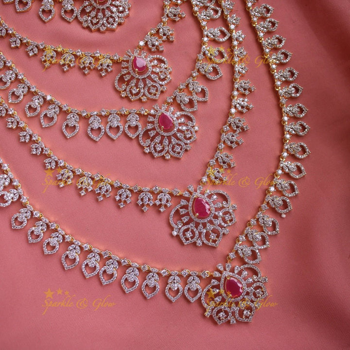 Sparkling Floral leaf design American diamond multi layer haram with ruby stones - Sparkle and Glow - Back Thread - 