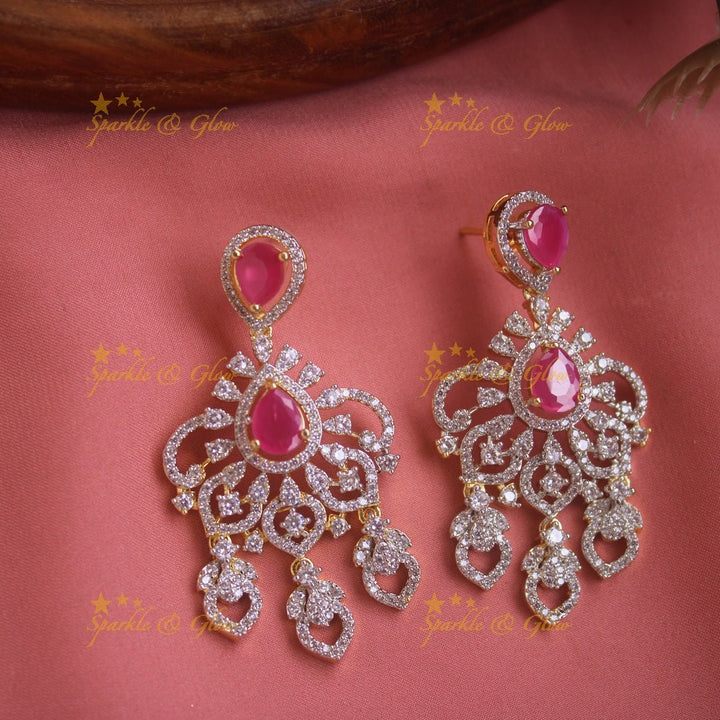 Sparkling Floral leaf design American diamond multi layer haram with ruby stones - Sparkle and Glow - Back Thread - 