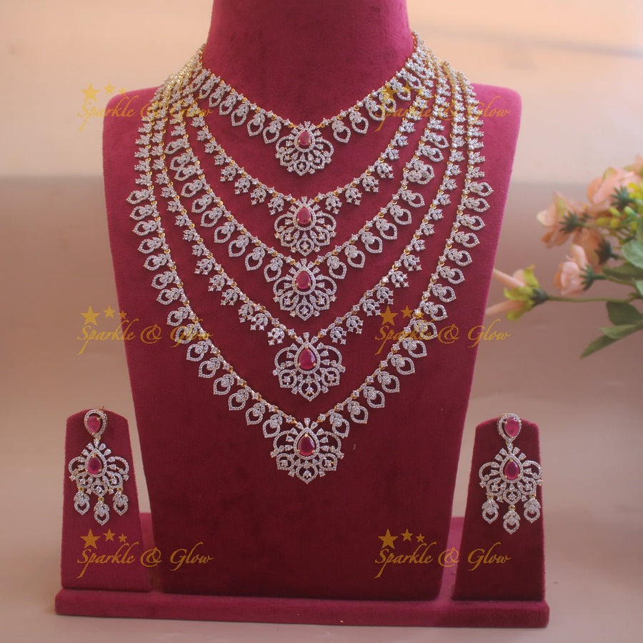 Sparkling Floral leaf design American diamond multi layer haram with ruby stones - Sparkle and Glow - Back Thread - 