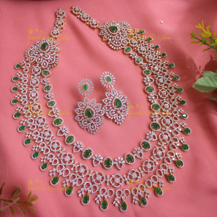 Grand Floral design American diamond multi layer haram with emerald stone drops