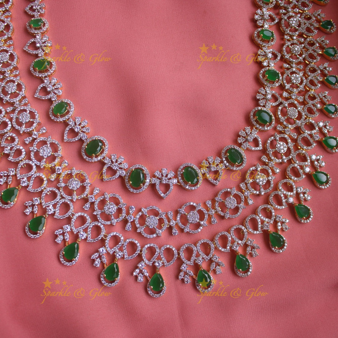 Grand Floral design American diamond multi layer haram with emerald stone drops