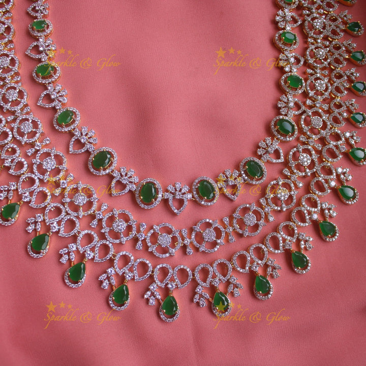 Grand Floral design American diamond multi layer haram with emerald stone drops
