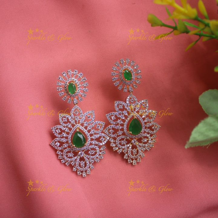 Grand Floral design American diamond multi layer haram with emerald stone drops