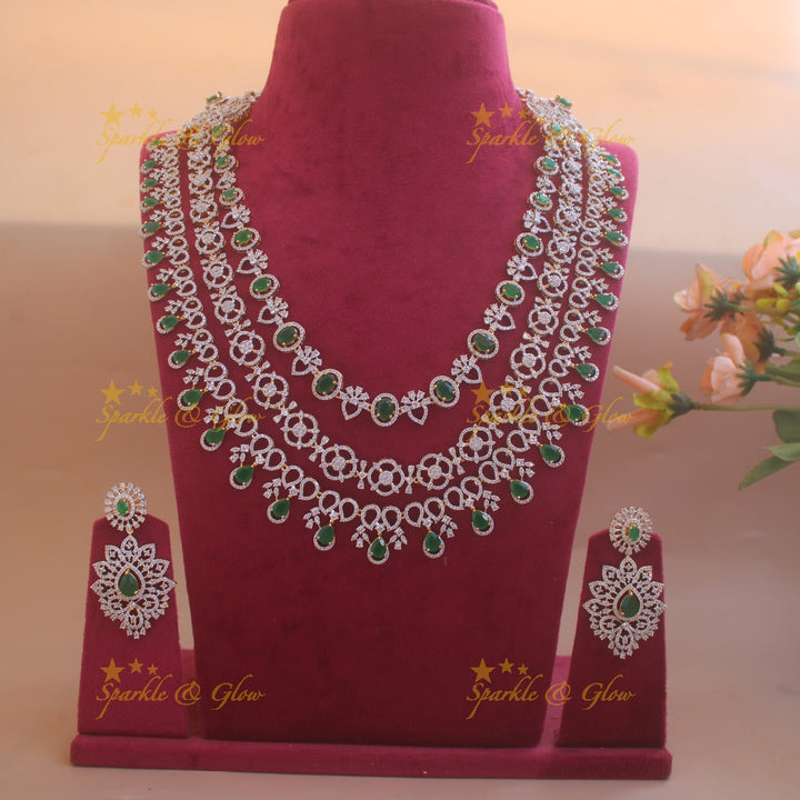 Grand Floral design American diamond multi layer haram with emerald stone drops