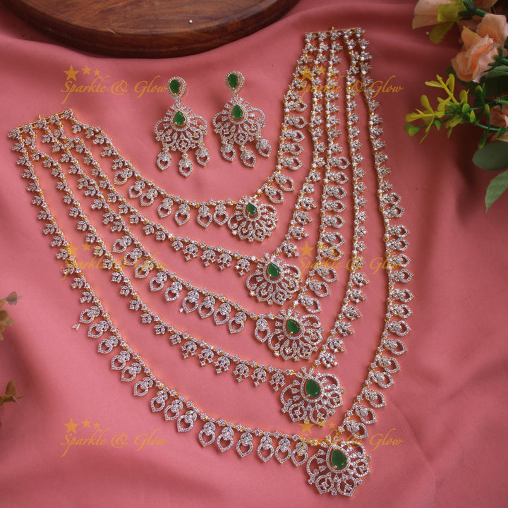 Sparkling Floral leaf design American diamond multi layer haram with emerald stones - green