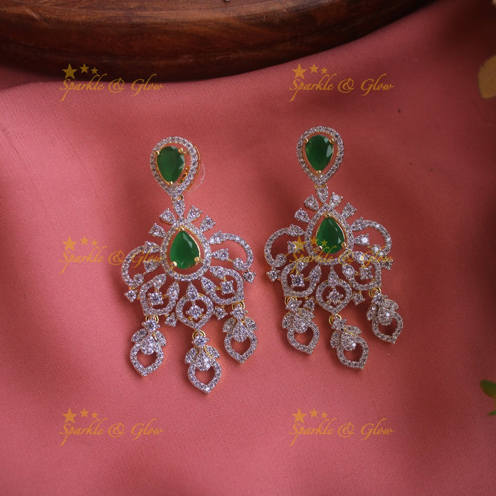 Sparkling Floral leaf design American diamond multi layer haram with emerald stones - green