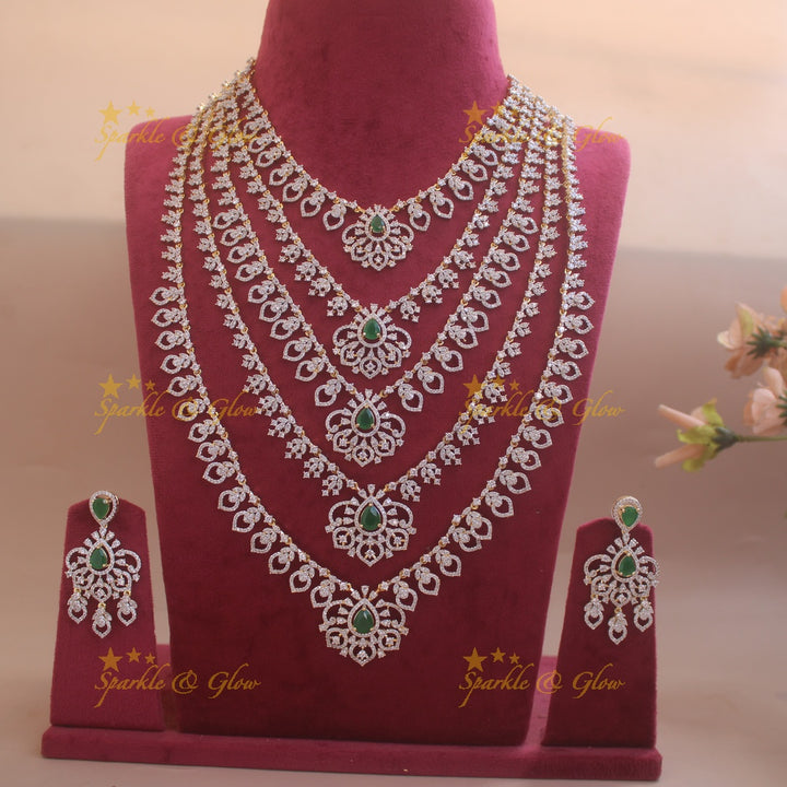 Sparkling Floral leaf design American diamond multi layer haram with emerald stones - green