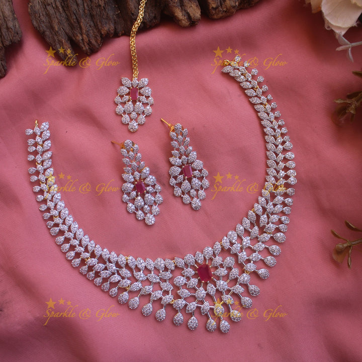 Beautiful Leaflet design American diamond short necklace with ruby with maang tikka - pink
