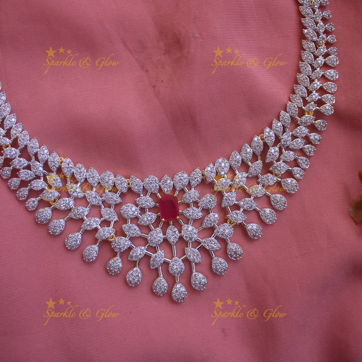 Beautiful Leaflet design American diamond short necklace with ruby with maang tikka - pink