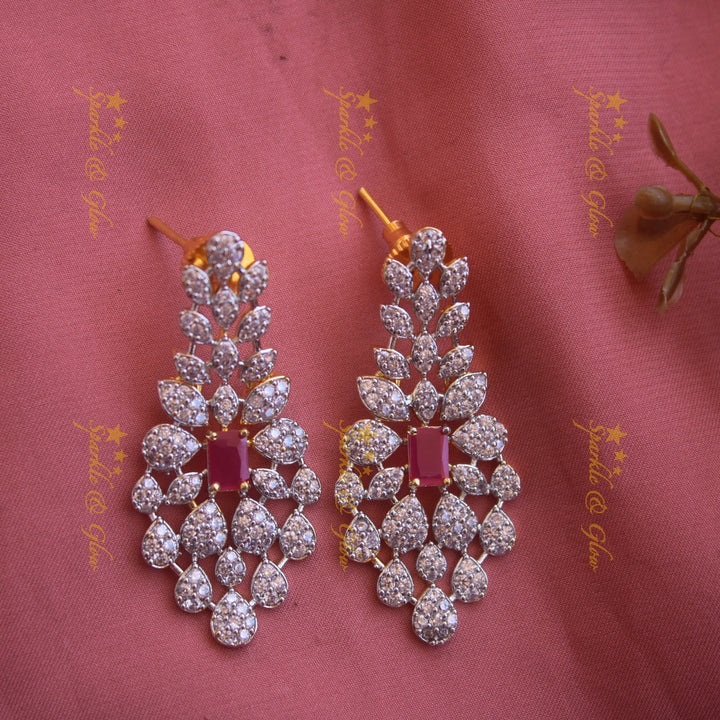 Beautiful Leaflet design American diamond short necklace with ruby with maang tikka - pink