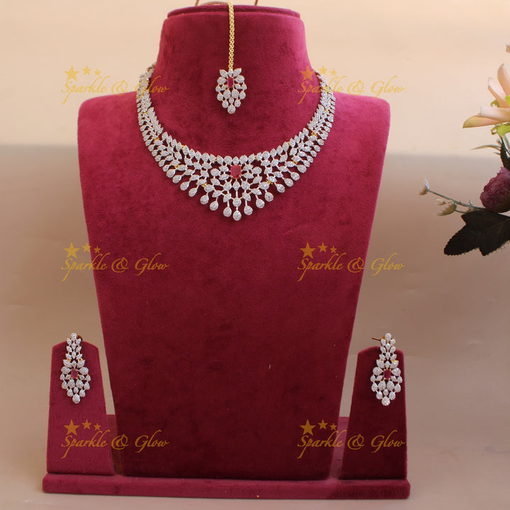 Beautiful Leaflet design American diamond short necklace with ruby with maang tikka - pink