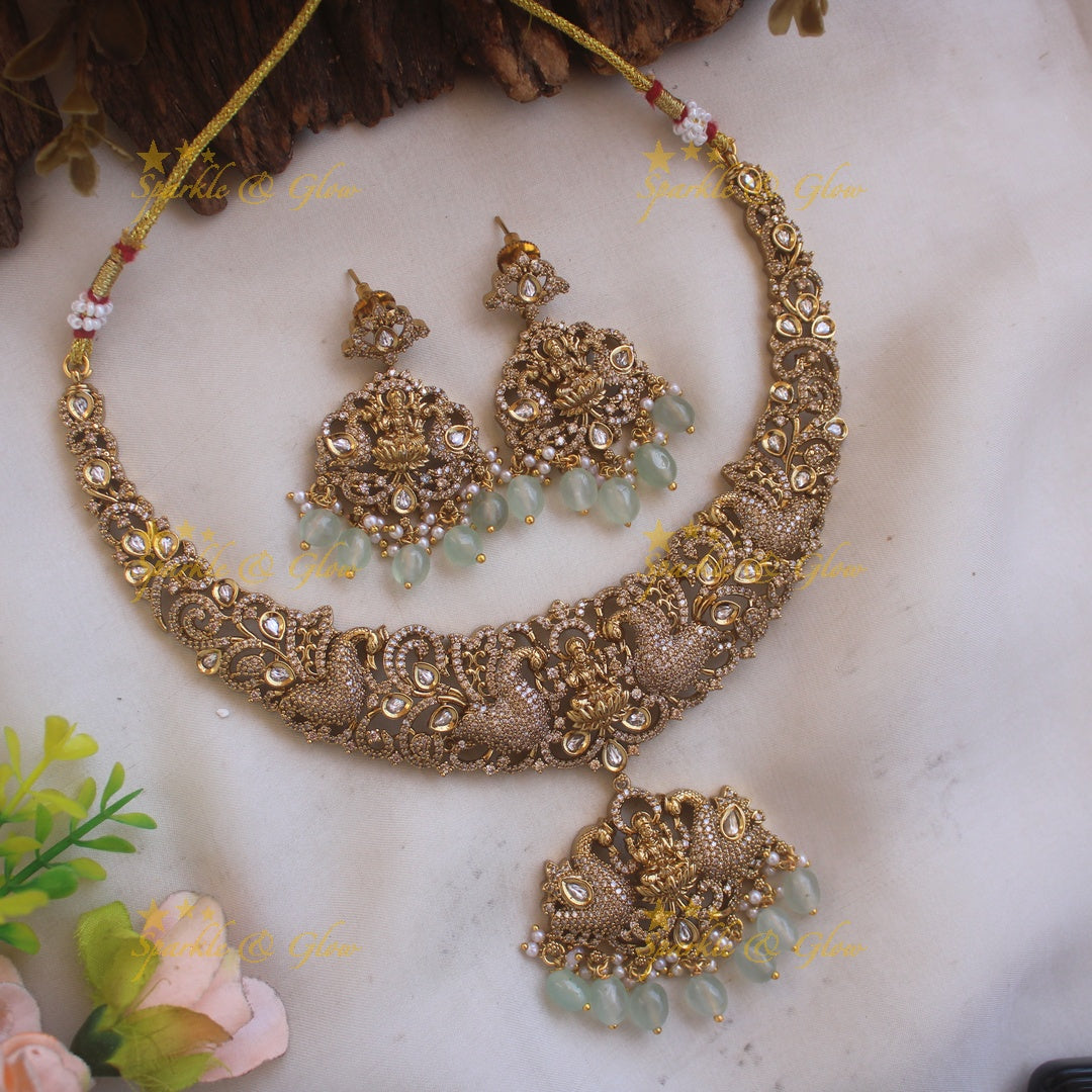 Beautiful Lakshmi peacock design victorian AD short necklace with purple beads