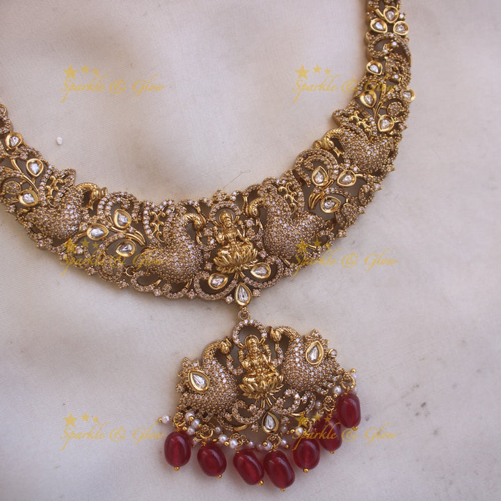 Beautiful Lakshmi peacock design victorian AD short necklace with purple beads