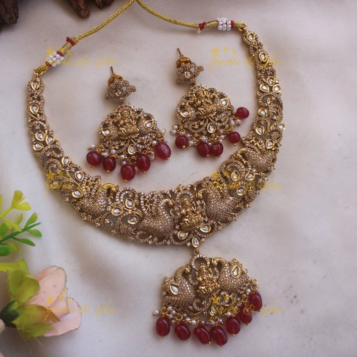 Beautiful Lakshmi peacock design victorian AD short necklace with maroon beads - Sparkle and Glow