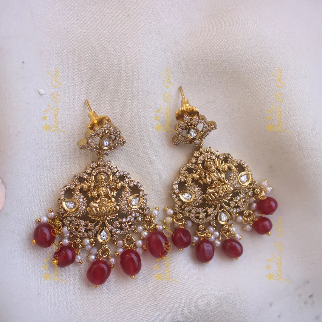 Beautiful Lakshmi peacock design victorian AD short necklace with maroon beads - Sparkle and Glow