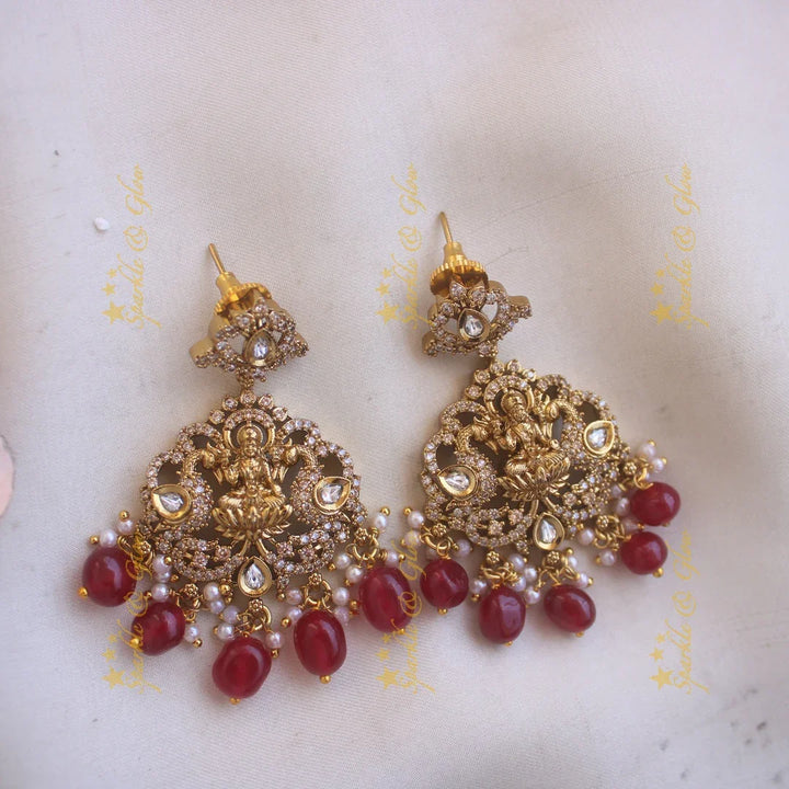 Beautiful Lakshmi peacock design victorian AD short necklace with maroon beads - Sparkle and Glow