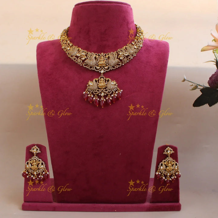 Beautiful Lakshmi peacock design victorian AD short necklace with maroon beads - Sparkle and Glow
