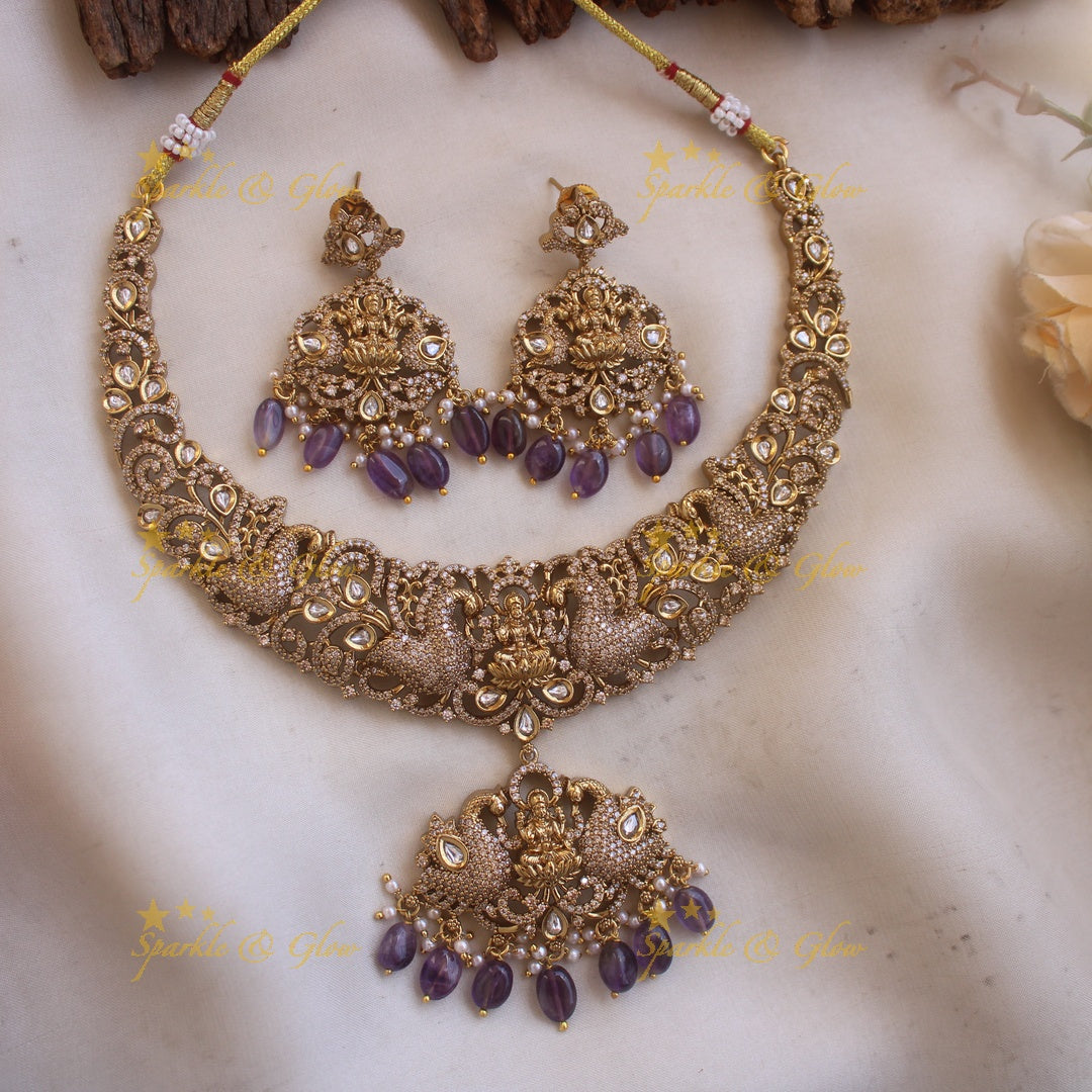 Beautiful Lakshmi peacock design victorian AD short necklace with purple beads