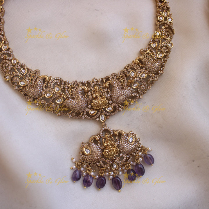 Beautiful Lakshmi peacock design victorian AD short necklace with purple beads
