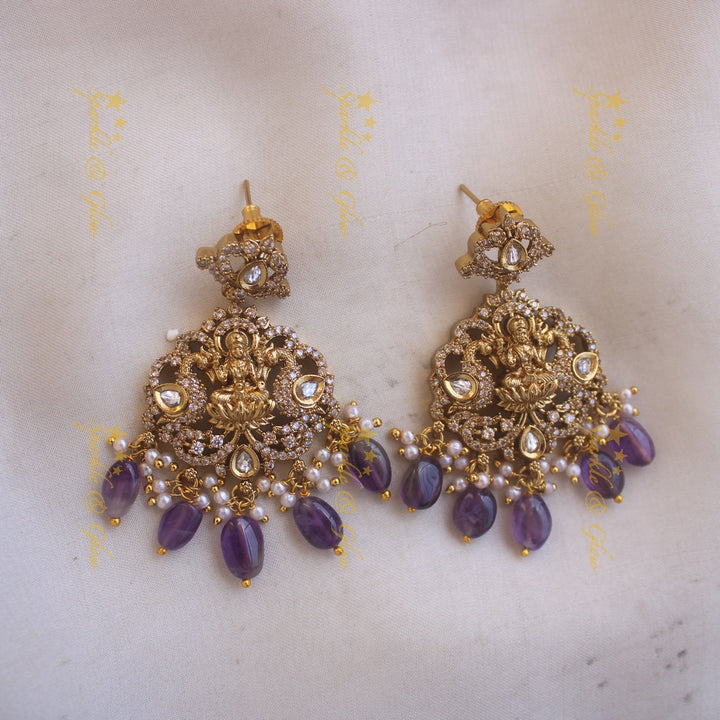 Beautiful Lakshmi peacock design victorian AD short necklace with purple beads