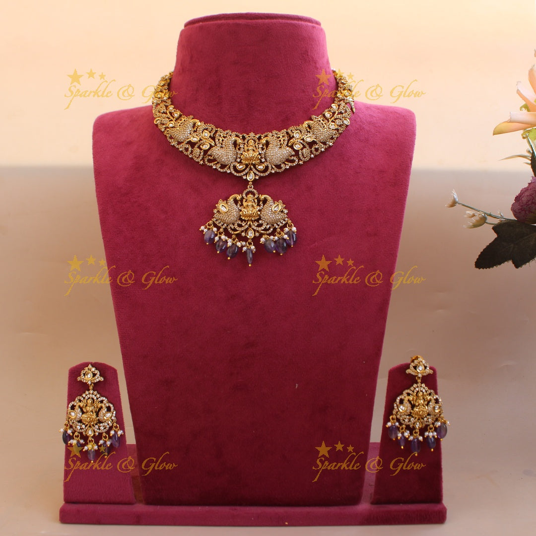 Beautiful Lakshmi peacock design victorian AD short necklace with purple beads