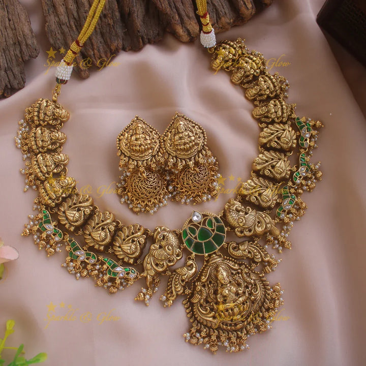 Elegant Lakshmi peacock carved jadau short necklace with pearls and gold beads - pink - Sparkle and Glow