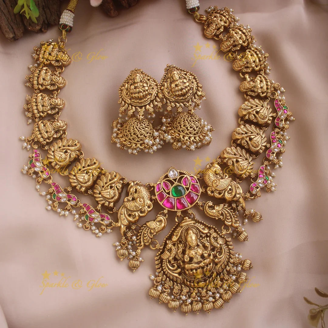Elegant Lakshmi peacock carved jadau short necklace with pearls and gold beads - pink - Sparkle and Glow