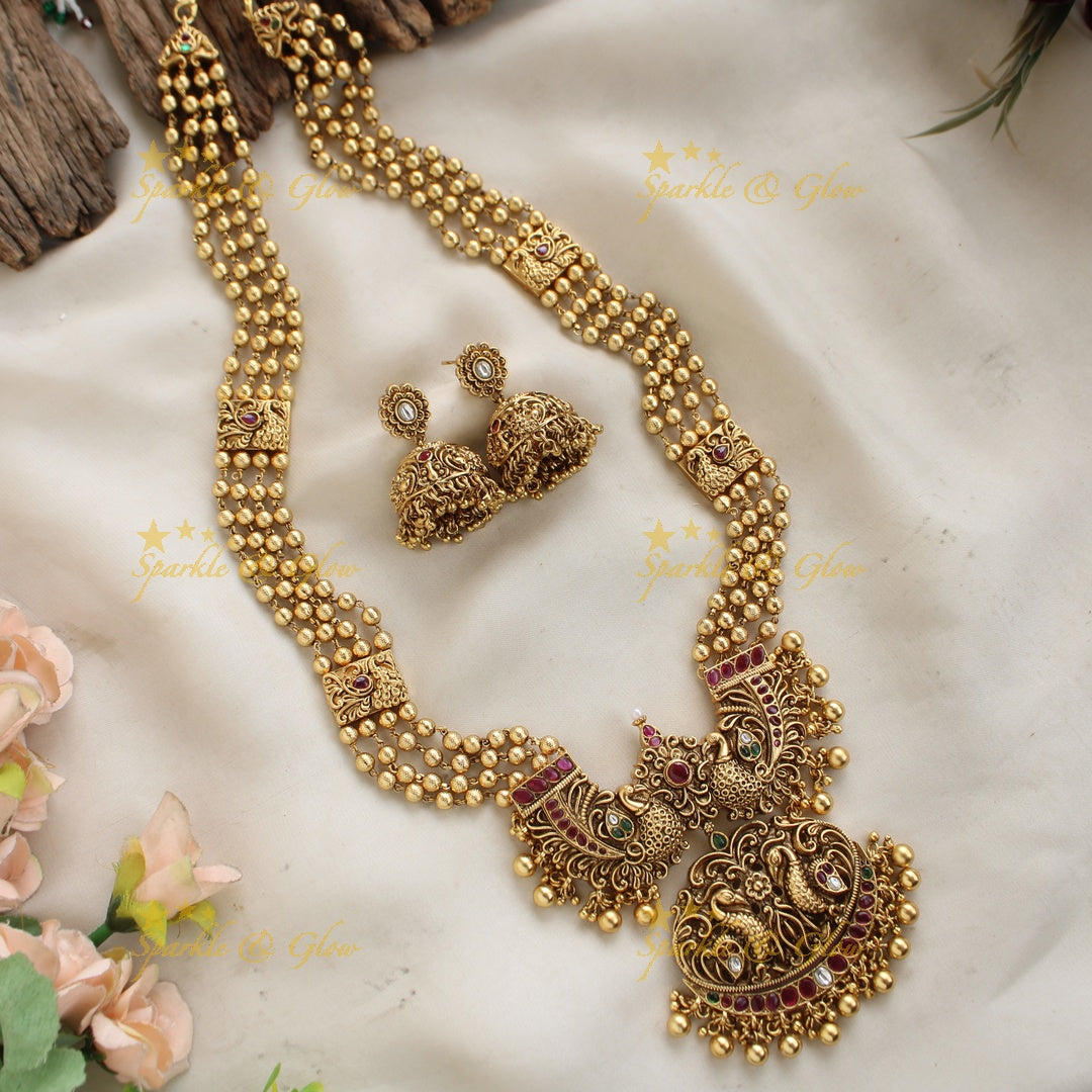 Gorgeous Peacock carved pandent multi layer beads haram with ruby and emerald red beads