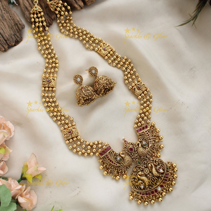 Gorgeous Peacock carved pandent multi layer beads haram with ruby and emerald red beads