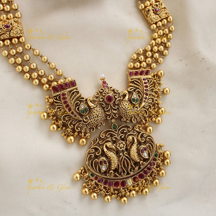 Gorgeous Peacock carved pandent multi layer beads haram with ruby and emerald gold beads - Sparkle and Glow - Back Thread - 