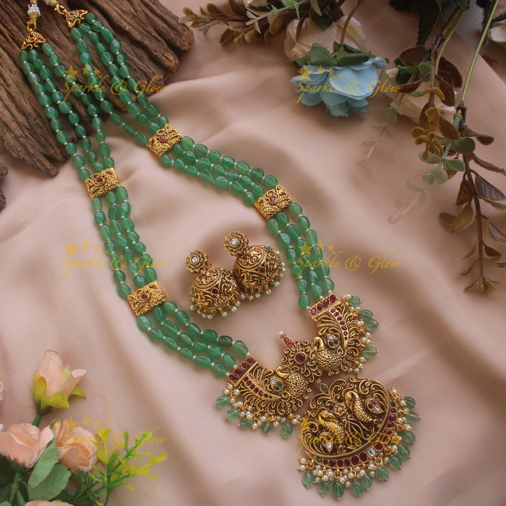 Gorgeous Peacock carved pandent multi layer beads haram with ruby and emerald red beads