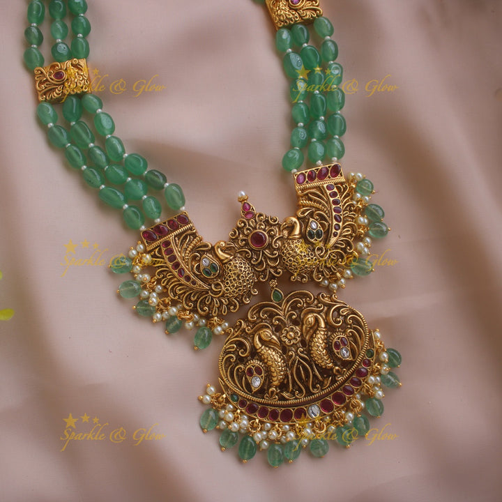 Gorgeous Peacock carved pandent multi layer beads haram with ruby and emerald mint green beads