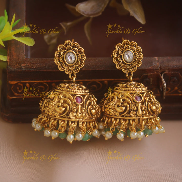 Gorgeous Peacock carved pandent multi layer beads haram with ruby and emerald mint green beads