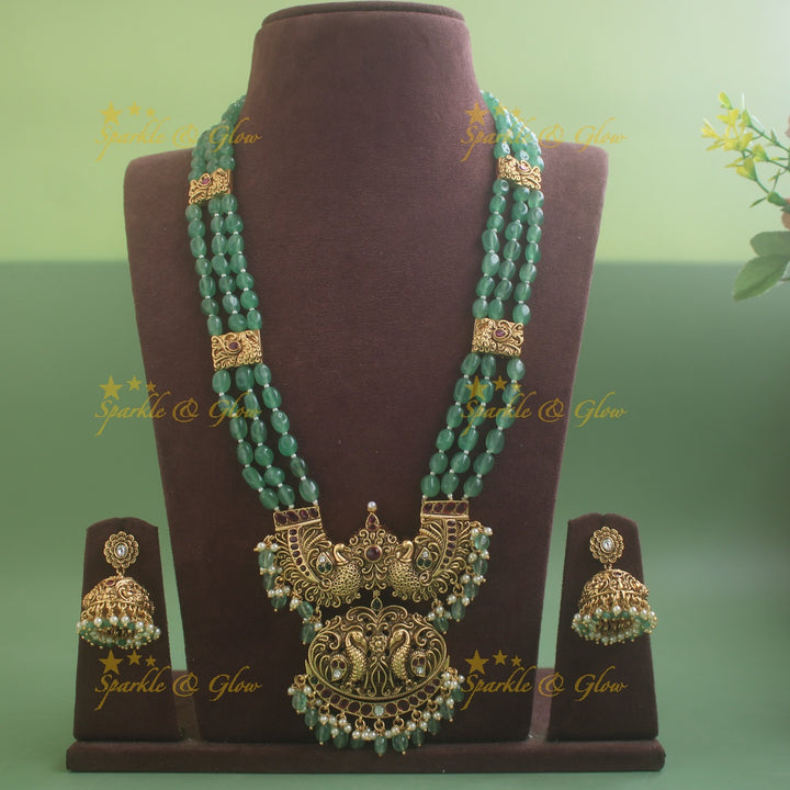 Gorgeous Peacock carved pandent multi layer beads haram with ruby and emerald mint green beads