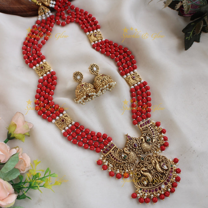 Gorgeous Peacock carved pandent multi layer beads haram with ruby and emerald mint green beads