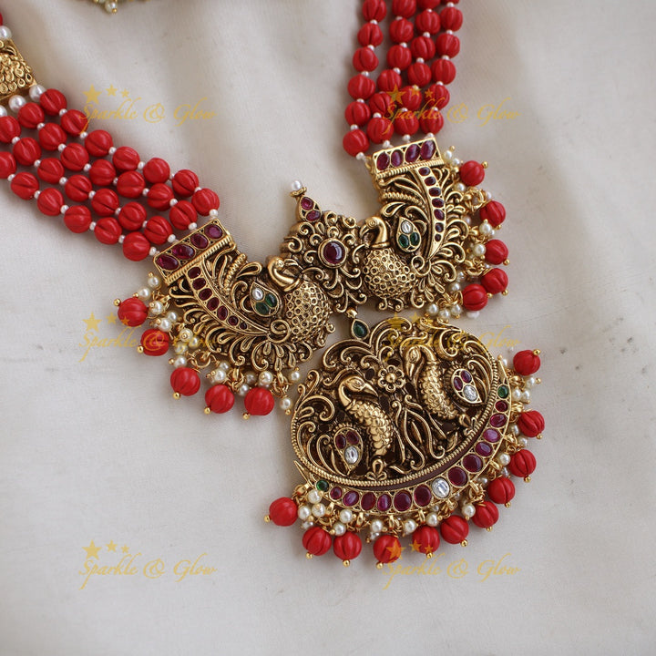 Gorgeous Peacock carved pandent multi layer beads haram with ruby and emerald red beads