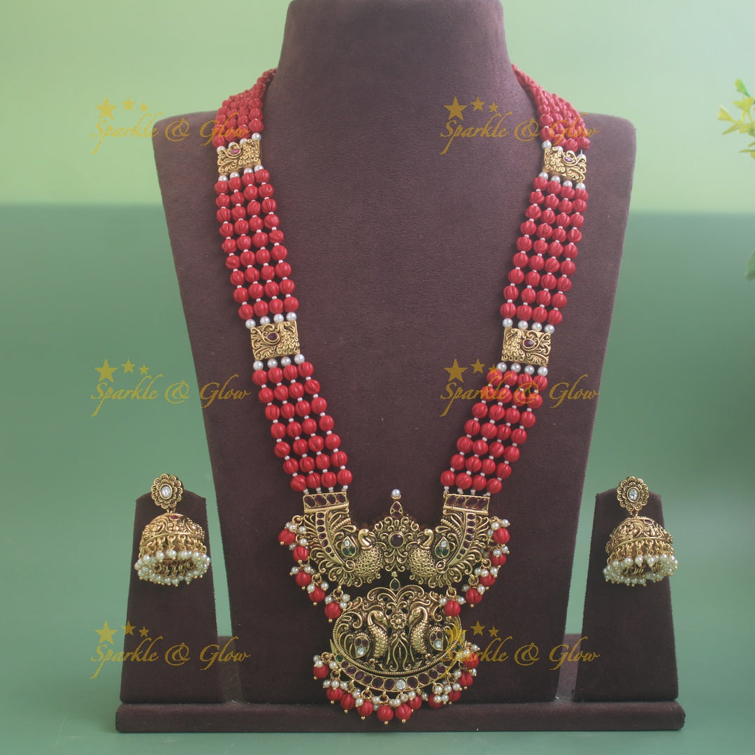 Gorgeous Peacock carved pandent multi layer beads haram with ruby and emerald red beads