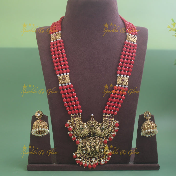 Gorgeous Peacock carved pandent multi layer beads haram with ruby and emerald red beads