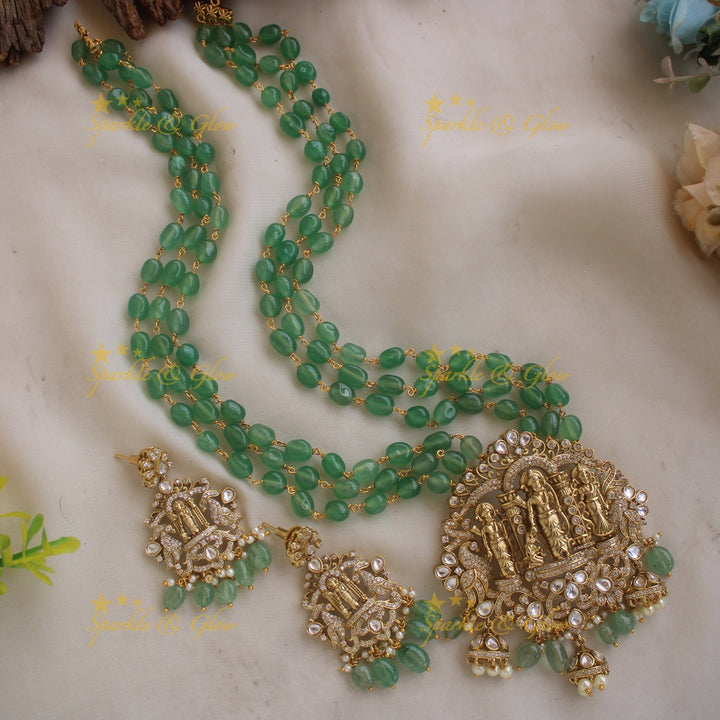 Exclusive Rama Parivar carved pandent multi layer beads haram with jhumuka drops and mint green beads
