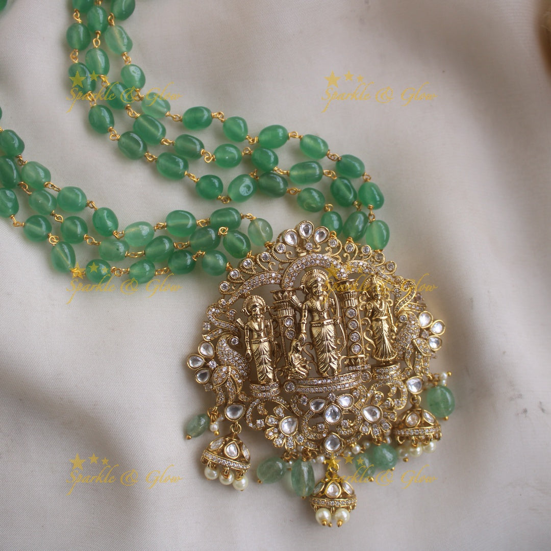 Exclusive Rama Parivar carved pandent multi layer beads haram with jhumuka drops and mint green beads