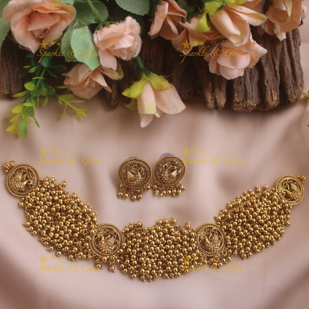 Elegant Peacock design choker with cluster gold beads - Sparkle and Glow - Back Thread - 