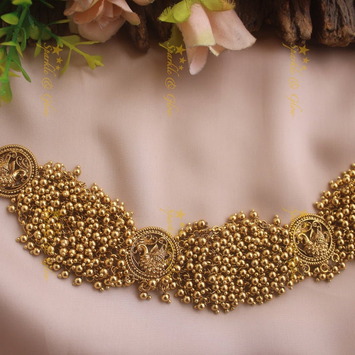 Elegant Peacock design choker with cluster gold beads - Sparkle and Glow - Back Thread - 