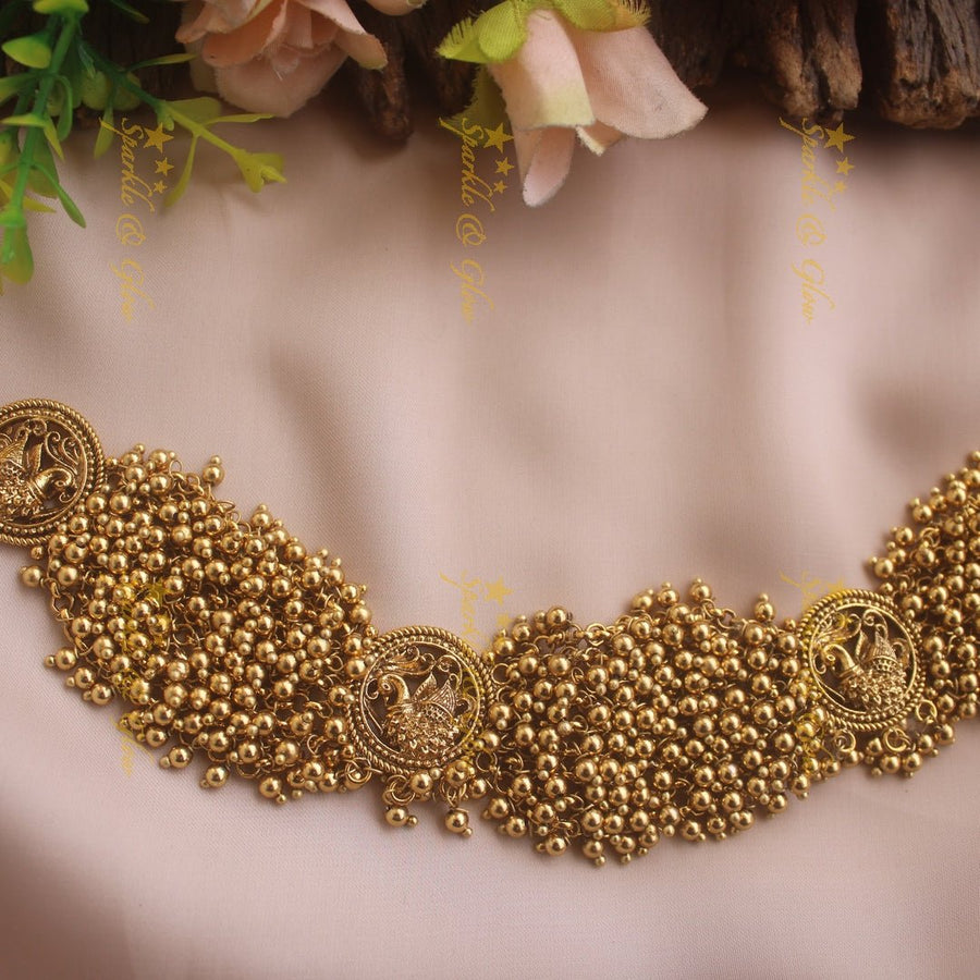 Elegant Peacock design choker with cluster gold beads - Sparkle and Glow - Back Thread - 