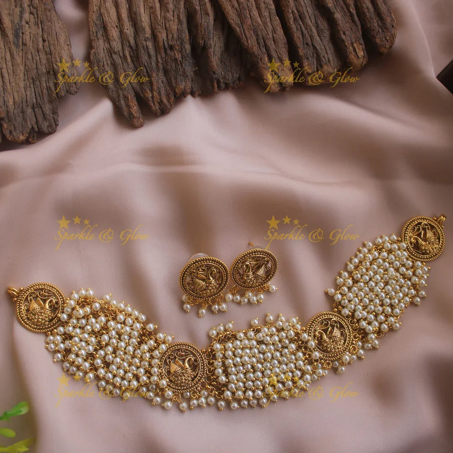 Elegant Peacock design choker with cluster pearls - Sparkle and Glow