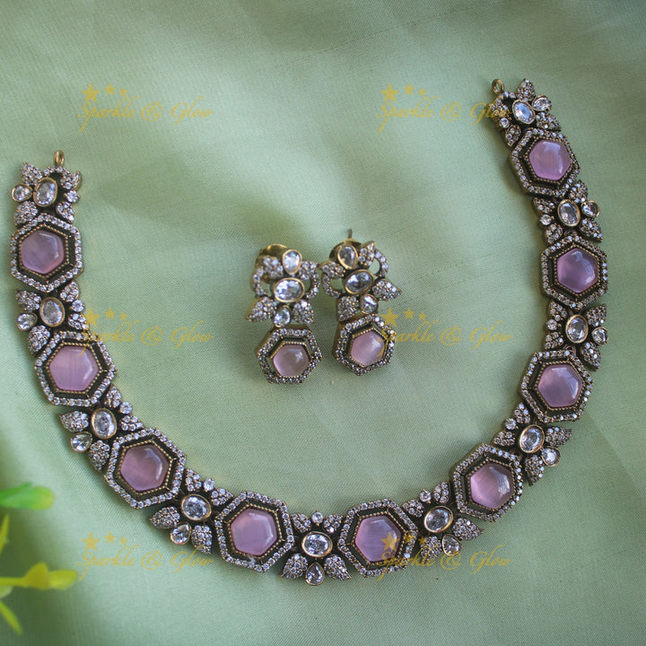 Statement Floral stone victorian AD short necklace - mint green