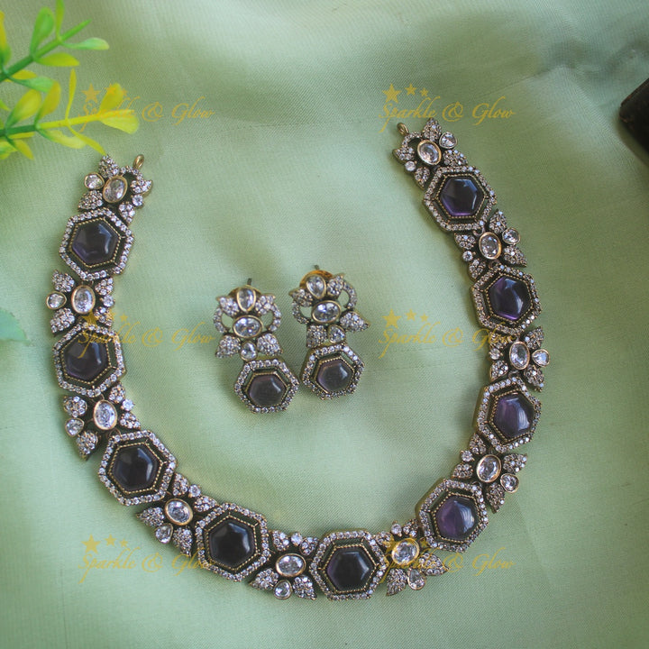 Statement Floral stone victorian AD short necklace - purple