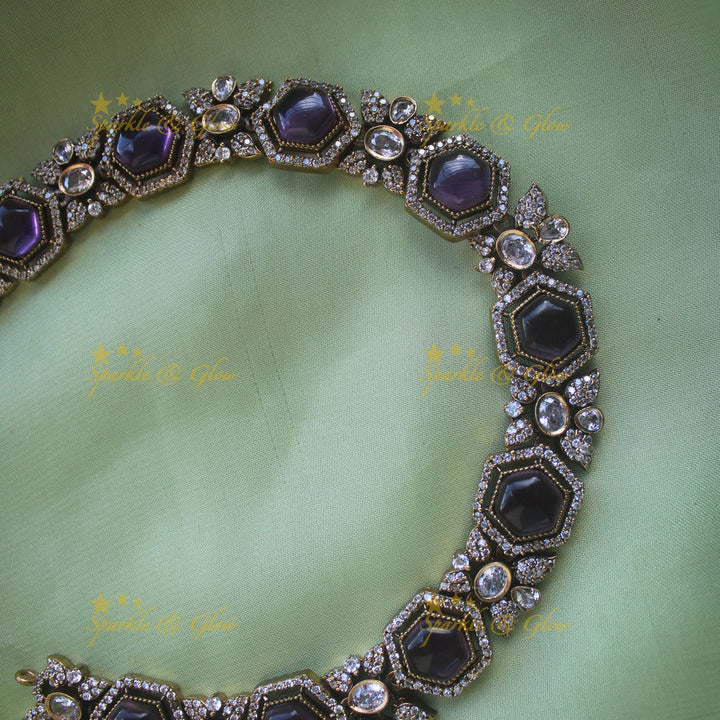 Statement Floral stone victorian AD short necklace - purple