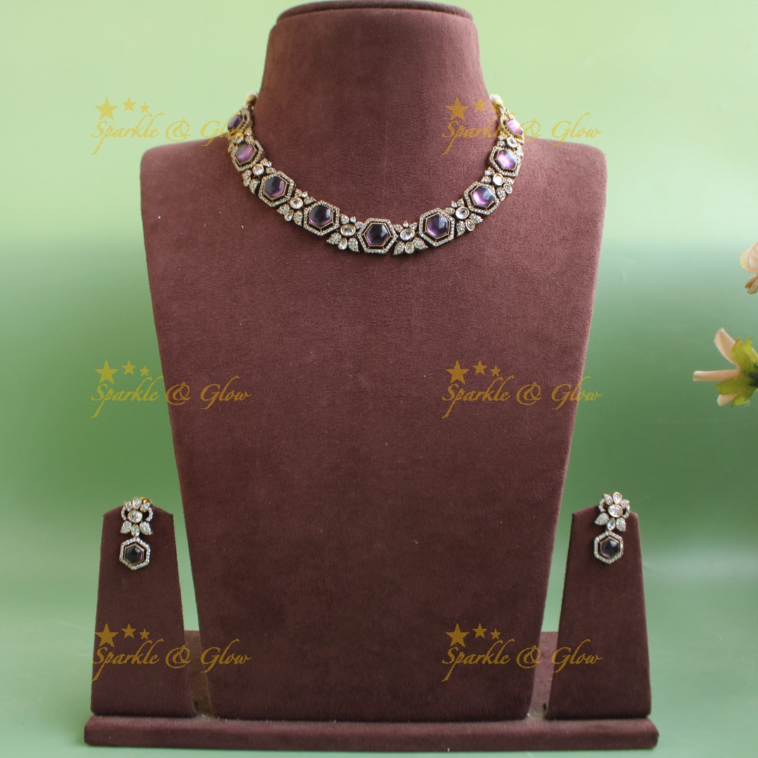 Statement Floral stone victorian AD short necklace - purple