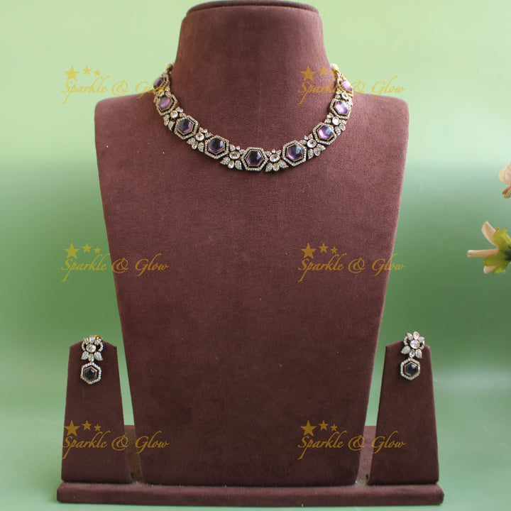 Statement Floral stone victorian AD short necklace - purple