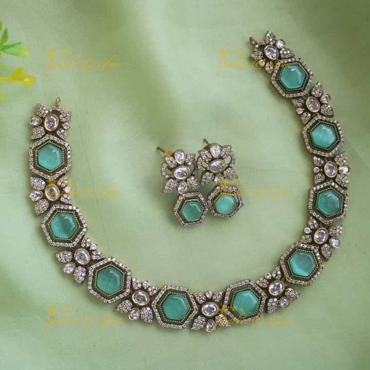 Statement Floral stone victorian AD short necklace - mint green